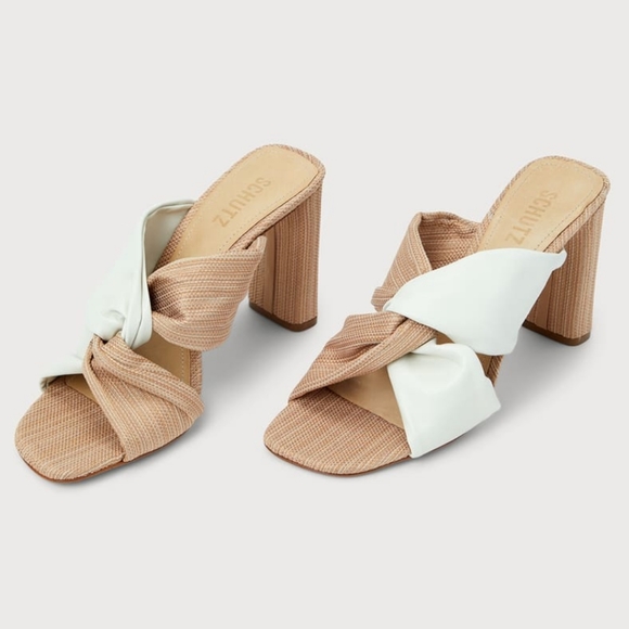 Schutz Wendy Pearl and Beige Leather Color Block High Heel Sandals - Picture 2 of 11